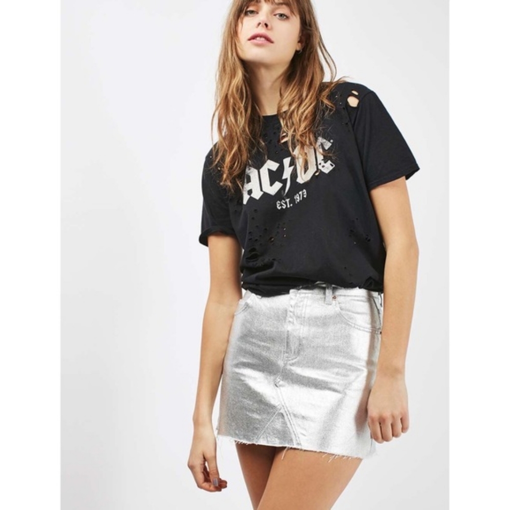 TOPSHOP Moto High Waist Metallic Denim Miniskirt